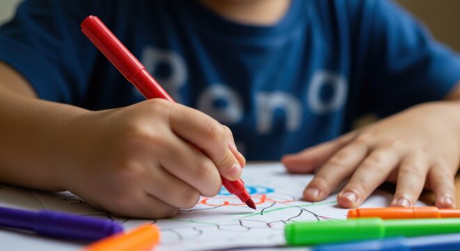 Close-up child hands coloring markers, Kid art activity, Marker pen detail, Childhood creativity, Bright colors
