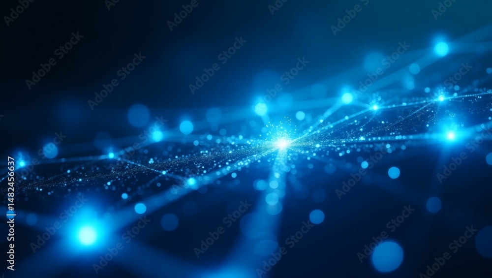 Poster abstract blue background with glowing connections of dots, lines and shapes, connecting and forming 
