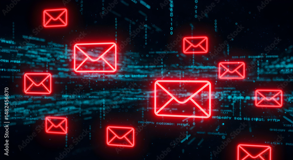 Poster multiple red envelope icons float over a flowing digital matrix background in a cyber communication 