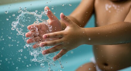 Fototapeta premium Close-up Asian child hands water play, Kid splashing tub, Simple fun texture, Childhood water game, Bright moment