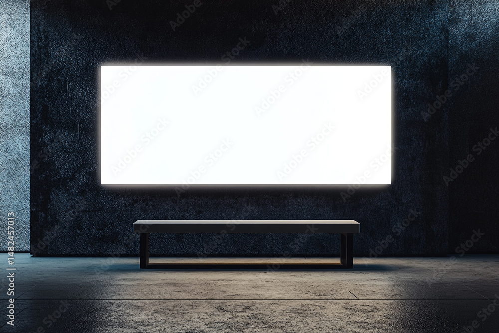 Poster bright rectangular display above a simple bench in a dark room