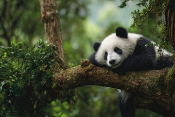 Sleepy panda cub resting on a branch in a lush forest