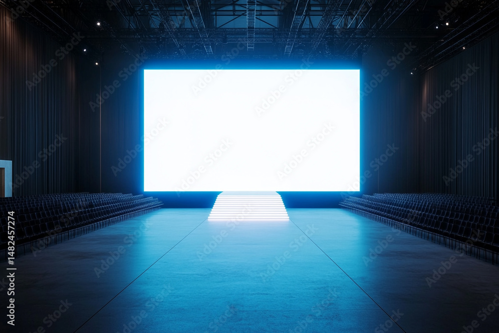 Poster empty event venue with bright screen and runway stage awaiting attendees