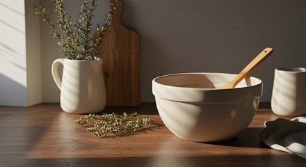 Sunlit Kitchen Still Life: Ceramic Bowl, Wooden Spoon, and Earthy Tones