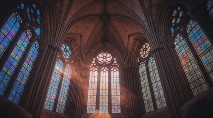 Bright sunlight filters through colorful stained glass in a historic cathedral