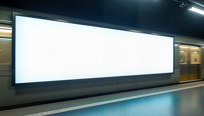 Fototapeta premium Isolated white billboard illuminated in motion as a metro train speeds by, vibrant urban setting. Mockup, empty billboard frames with free space for text. Ready for advertisement