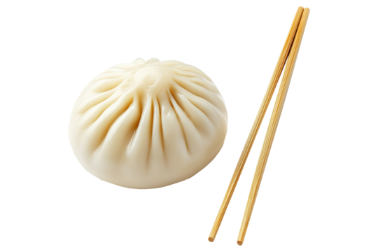 Traditional steamed Chinese bao bun with wooden chopsticks isolated on white transparent background, representing Asian cuisine and culinary culture