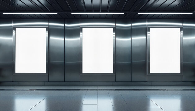 Three blank advertising posters mounted on a metallic wall in a modern subway system.  Mockup, empty billboard frames with free space for text. Ready for advertisement