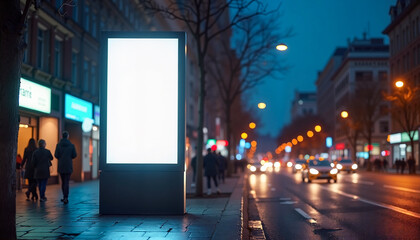 Vibrant glowing blank billboard on a city sidewalk at night withcars and pedestrians, urban advertising concept.  Mockup, empty billboard frames with free space for text. Ready for advertisement