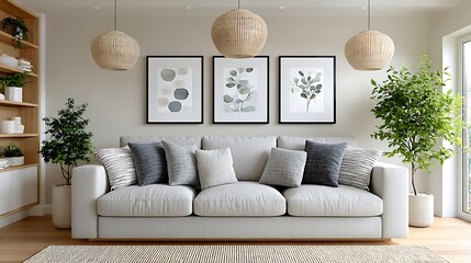 Modern Studio Living Room with Gray Linen Sofa and Stylish Art on the Walls