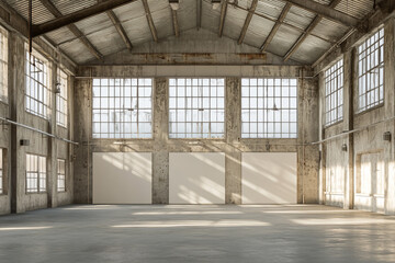Sunlit industrial warehouse interior large windows blank canvases concrete floor