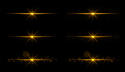 Light burst set. Golden glowing rays with sharp beams and horizontal flare. Clean composition with strong central point, perfect for energy or magic theme.