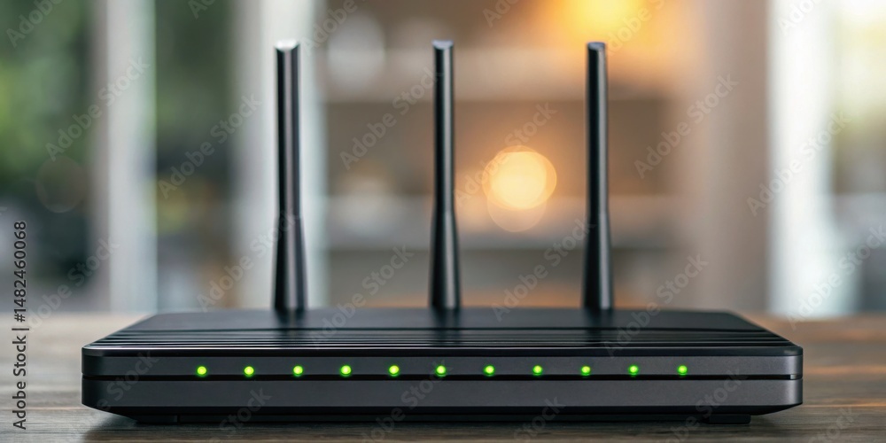 Poster a modern wireless router with three antennas, displaying led indicators, set against a soft-focus ba