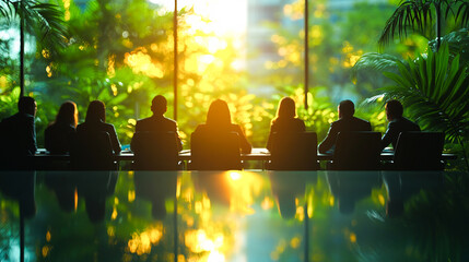 Group, boardroom and business meeting in an office for collaboration, teamwork and sustainability. Blurry, green and silhouette people sitting together for meeting and leadership in nature workplace