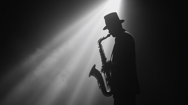 Silhouette of a jazz musician playing the saxophone under a spotlight