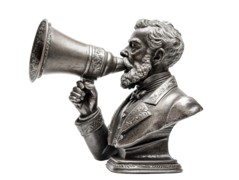 Classic bust sculpture with megaphone for communication theme, cut out transparent