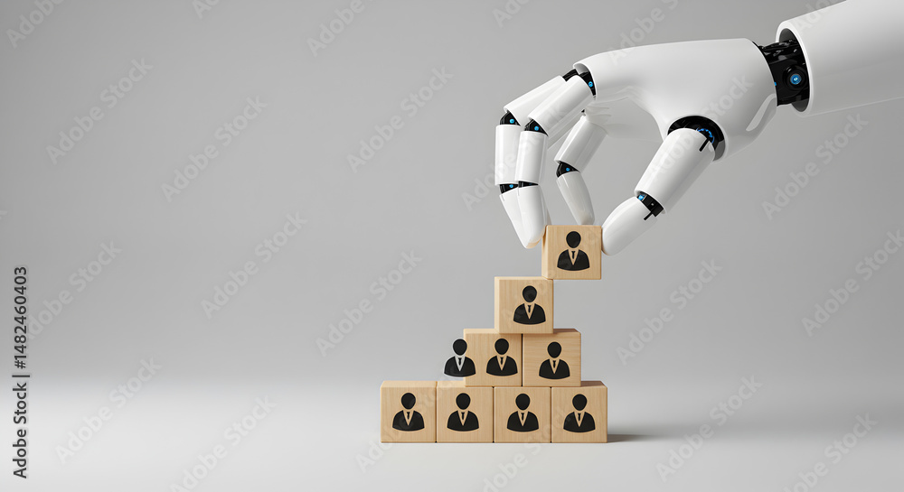 Poster robotic hand places wooden block on hierarchy pyramid in grey background