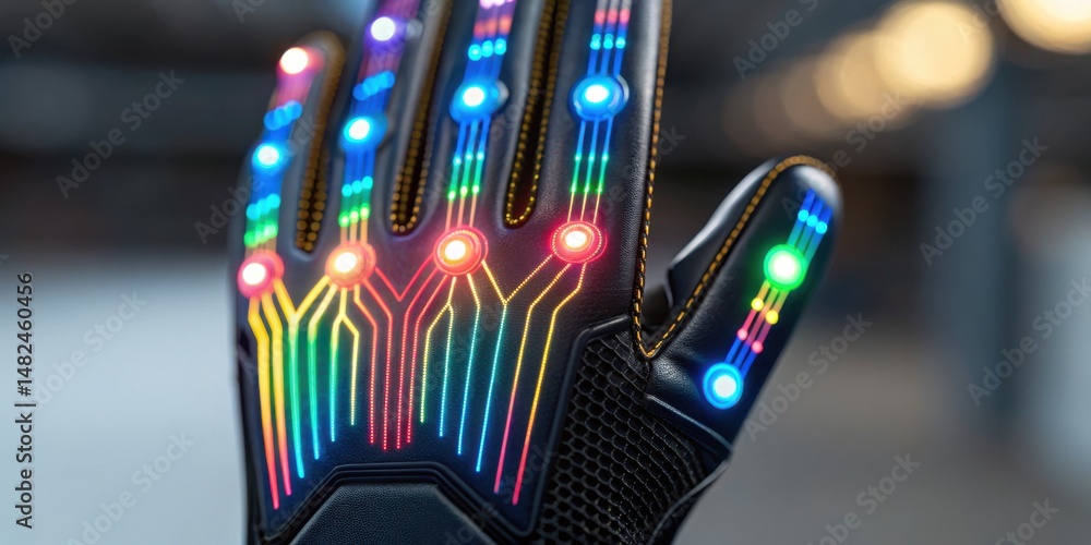 Poster futuristic glove with colorful led lights and circuit-like patterns, showcasing advanced technology 