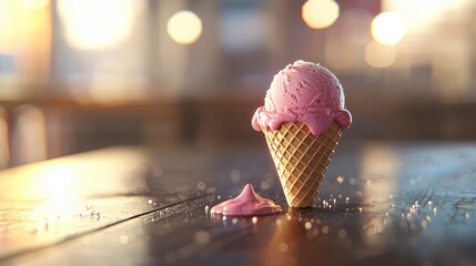 Melting Strawberry Ice Cream in Waffle Cone on Wooden Table
