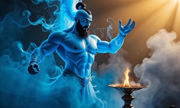 Muscular blue genie with top knot emerging from smoky background with magical glow, arm raised mid-spell. Concept of fantasy power and mythology