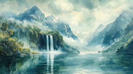 Fototapeta premium Majestic mountain lake landscape with cascading waterfalls