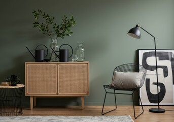 Interior scene featuring a cabinet with watering cans and a chair with a floor lamp against a green wall