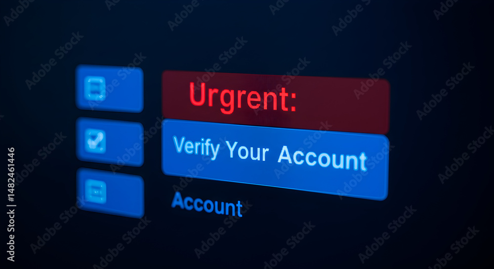 Poster urgent verify your account message on a digital screen in red and blue tones emphasizing online secu