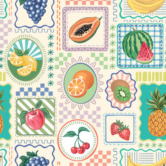 Cherry, strawberry, pineapple, apple, kiwi, orange, grape, banana, watermelon, lemon, papaya fruits in the frames seamless pattern.. Summer patchwork boho wallpaper.