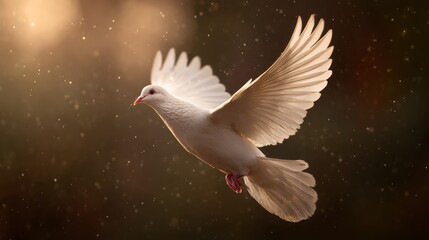 Fototapeta premium White dove in flight, wings spread, golden bokeh background, ethereal light, soft focus, magical atmosphere, particles of light, spiritual symbolism, peaceful scene, heavenly glow