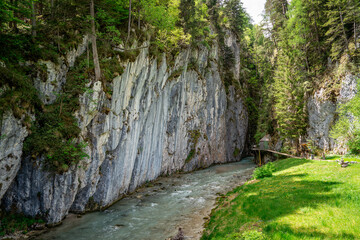 Spectacular Entrance To Leutaschklamm Gorge: Dramatic Vertical Rock Walls Flanking A Rushing Mountain Stream With Lush Greenery And Forested Pathways In The Scenic Tyrol Region Of Austria