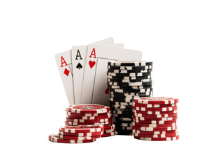 Winning hands at a poker table with chips stacked high, cut out transparent