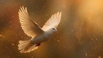 Fototapeta premium White dove in flight, wings spread, golden bokeh background, ethereal light, soft focus, magical atmosphere, particles of light, spiritual symbolism, peaceful scene, heavenly glow