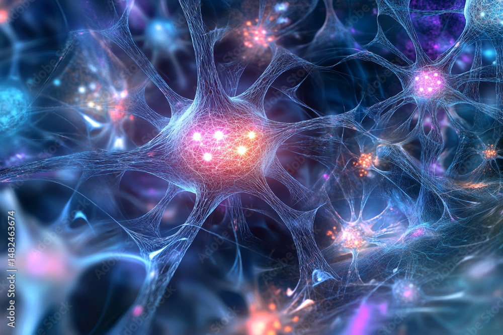 Poster microscopic view of a complex neural network glowing brightly in blue and orange hues showcasing int