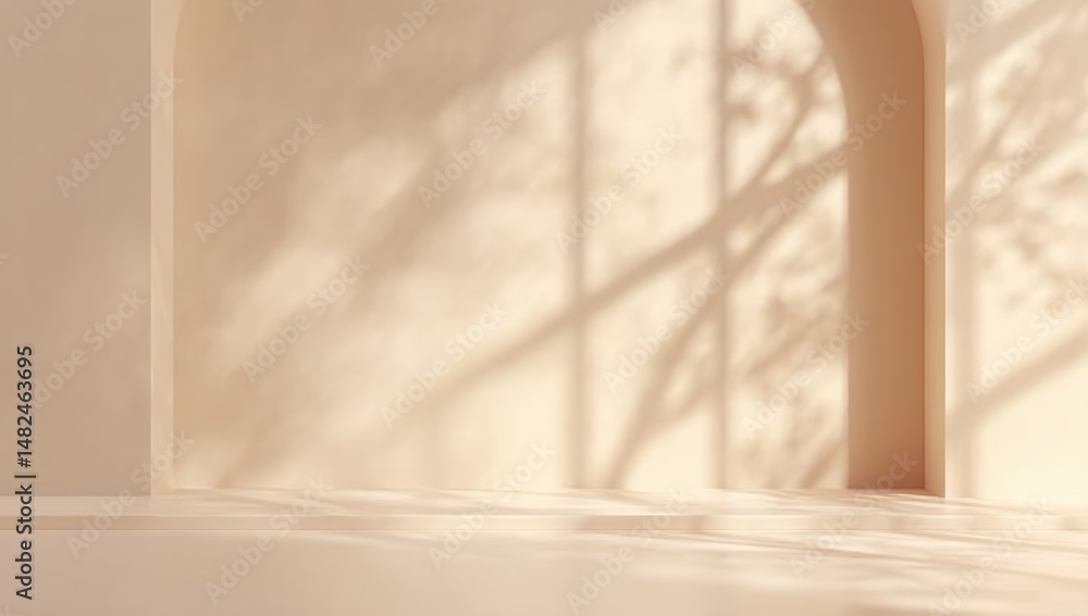 Poster soft sunlight casts arched window shadows on a minimal beige wall, creating a calm and serene atmosp