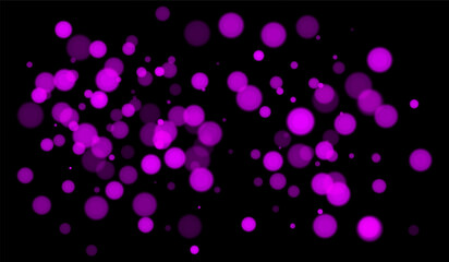 Purple bokeh background with soft glowing circles on dark backdrop. Gentle light blur effect for abstract, futuristic, or festive vector designs and overlays.