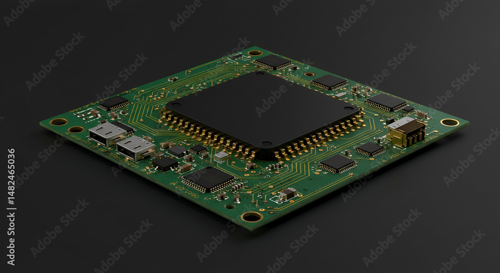Poster high-tech circuit board with integrated components in a modern technological setting. detailed view 