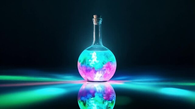 The glowing potion shimmered brightly in the dark room, pulsing with mysterious magical energy.
