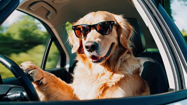 Golden retriever wearing sunglasses sitting in driver seat of car with paw on wheel, humorous pet travel concept in daylight