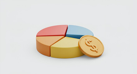 Obraz premium Colorful pie chart with a gold dollar coin, representing financial data. 3D model of financial data visualization on a plain background.