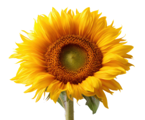 Vibrant sunflower blossom with golden petals and green center, cut out transparent