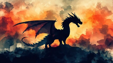 Fiery sunset silhouette of a majestic dragon perched atop a dark, rocky outcrop.