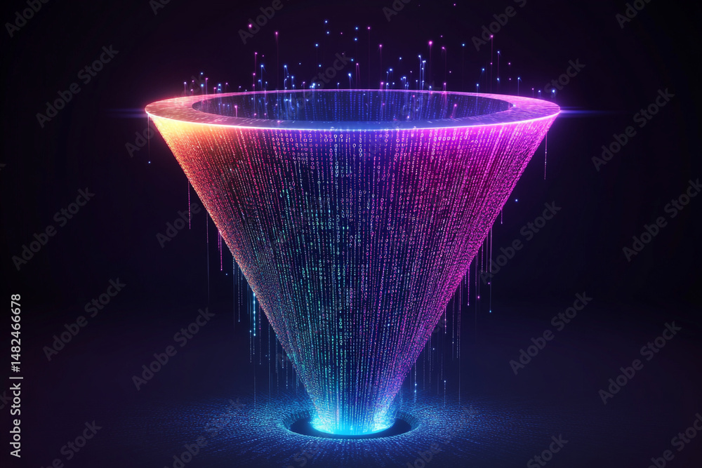 Poster colorful data streams flow into a glowing funnel a digital vortex of information technology