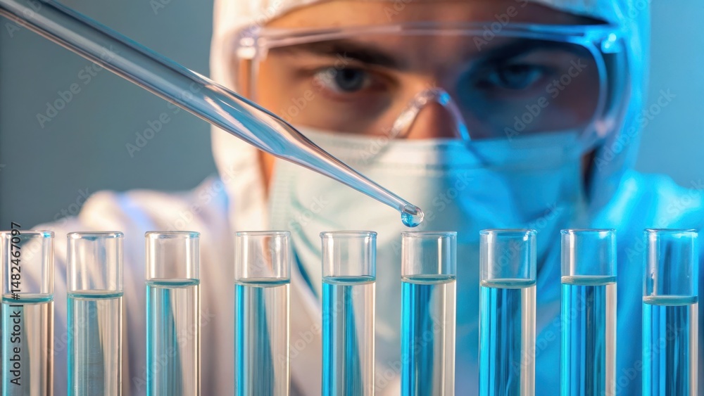 Poster a scientist in protective gear uses a pipette over a row of test tubes in a laboratory setting.