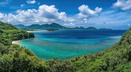 Tropical bay, lush greenery, vibrant water, and distant mountains