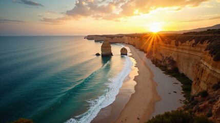 Ses Illetes Beach glows under the rising sun in an aerial view.