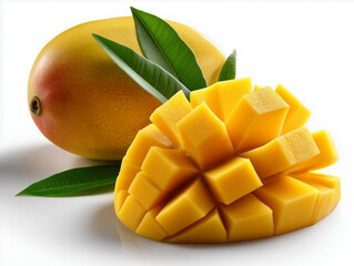A perfectly sliced mango with grid cuts, isolated on a white background, no shadow


