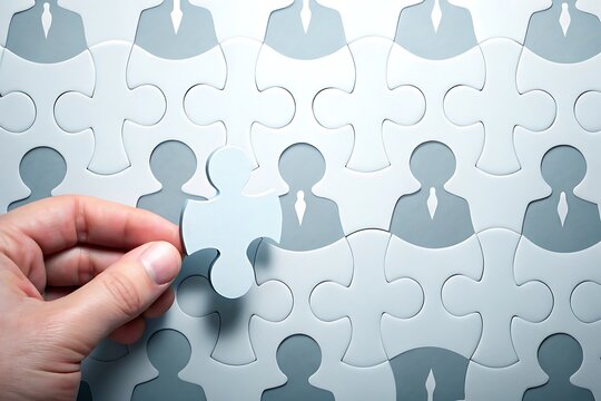 Hand Placing Final Piece Completing Business Team Jigsaw Puzzle