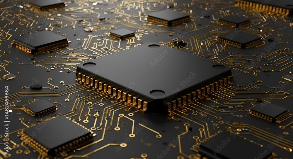 Poster close-up view of intricate circuit board with black and gold components. detailed wiring and chips a