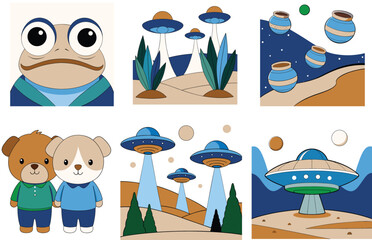 Illustrated Cartoon Characters and UFOs in Fantastical Sci-Fi Settings