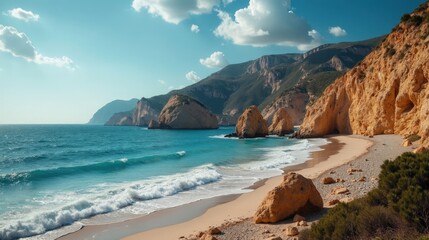 Sunny Cala Pilar beach and turquoise waters at midday, captured in a wide-angle shot.